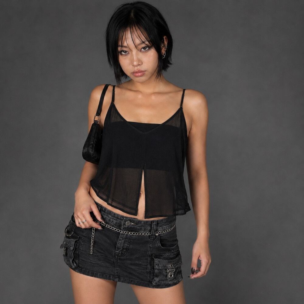 Tunnel Vision Black Sheer Mesh Cami Tank Top L Alt Y2K